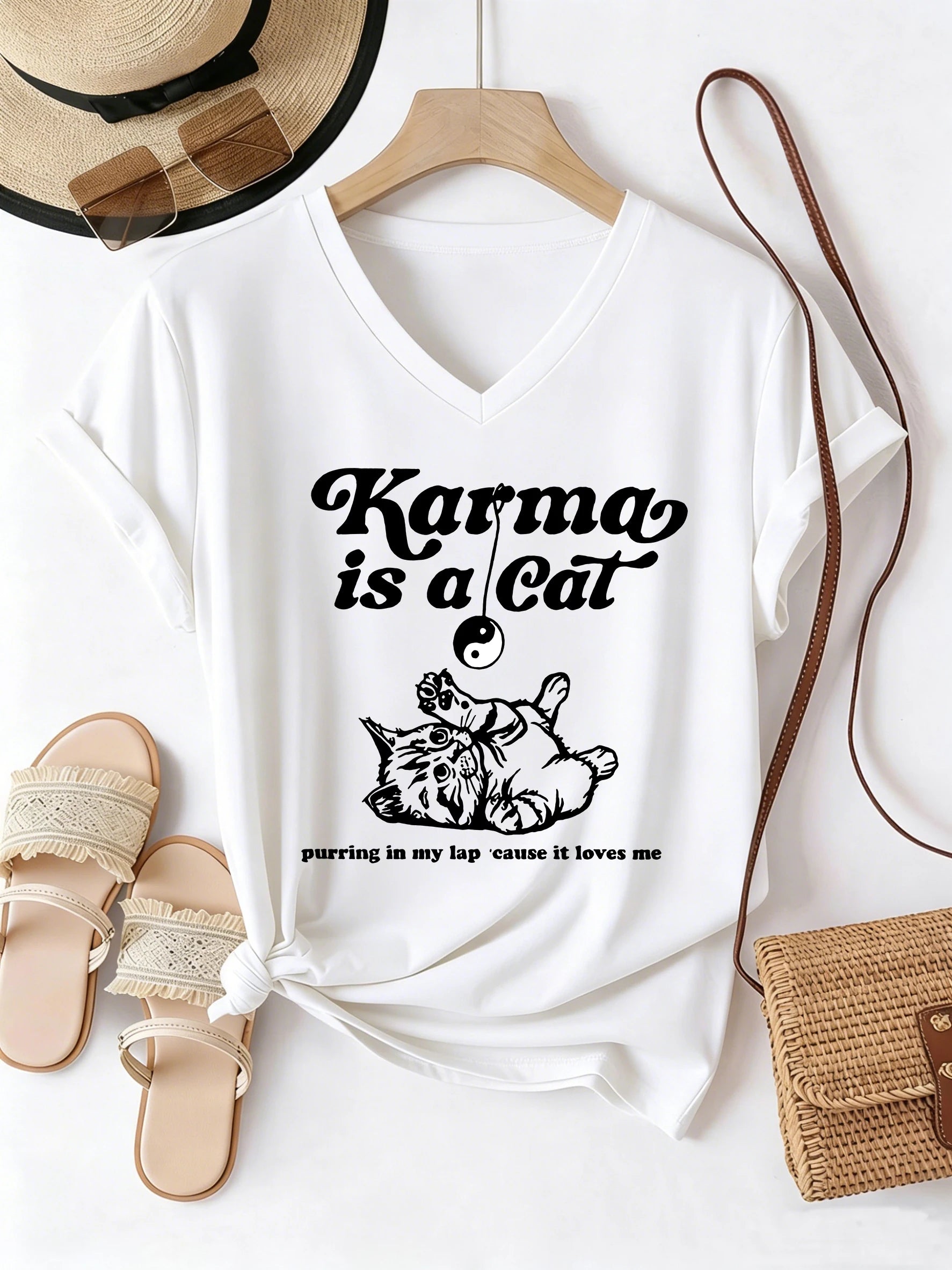 Funny Karma Is A Cat T-shirt V Neck Casual Fashion Cat  Printed T Shirts Women Short Sleeve Tee Shirt V-Neck Summer Spring