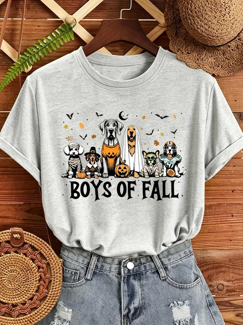 Boys of Fall Print Women's T-Shirts Retro Halloween Dogs Tee Tops Cute Ghost Pumpkin T-Shirts Spooky Season Tshirts Tops Gifts