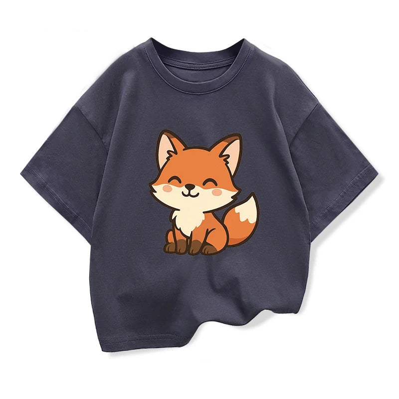 Kids Short-Sleeve t shirts Cute Fox Children's Summer Pure Cotton Loose Tees Boys Girls Casual Tee Tops Kids Clothing Gift