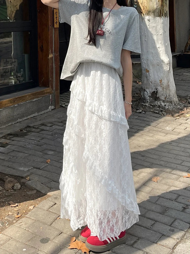 Smvp Vintage Patchwork Long Skirt Summer White Lace Layered Skirt Women's Fashion High Waisted A-line Skirt 2025 Korean Clothes