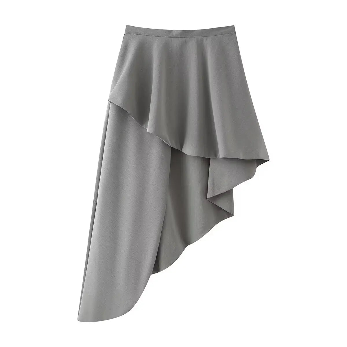 Willshela Women Fashion Grey Ruffled Pleated Side Zipper Asymmetrical Midi Skirt Vintage High Waist Female Chic Lady Skirts