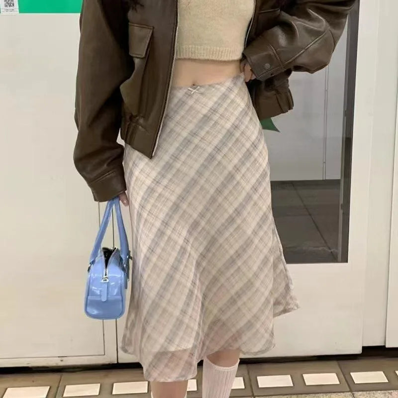 2026 Korean INS Sweet Woman Skirts Vintage Y2K Midi Plaid Striped Print Skirts for Women Loose Pleated Ladies Skirt High Waist