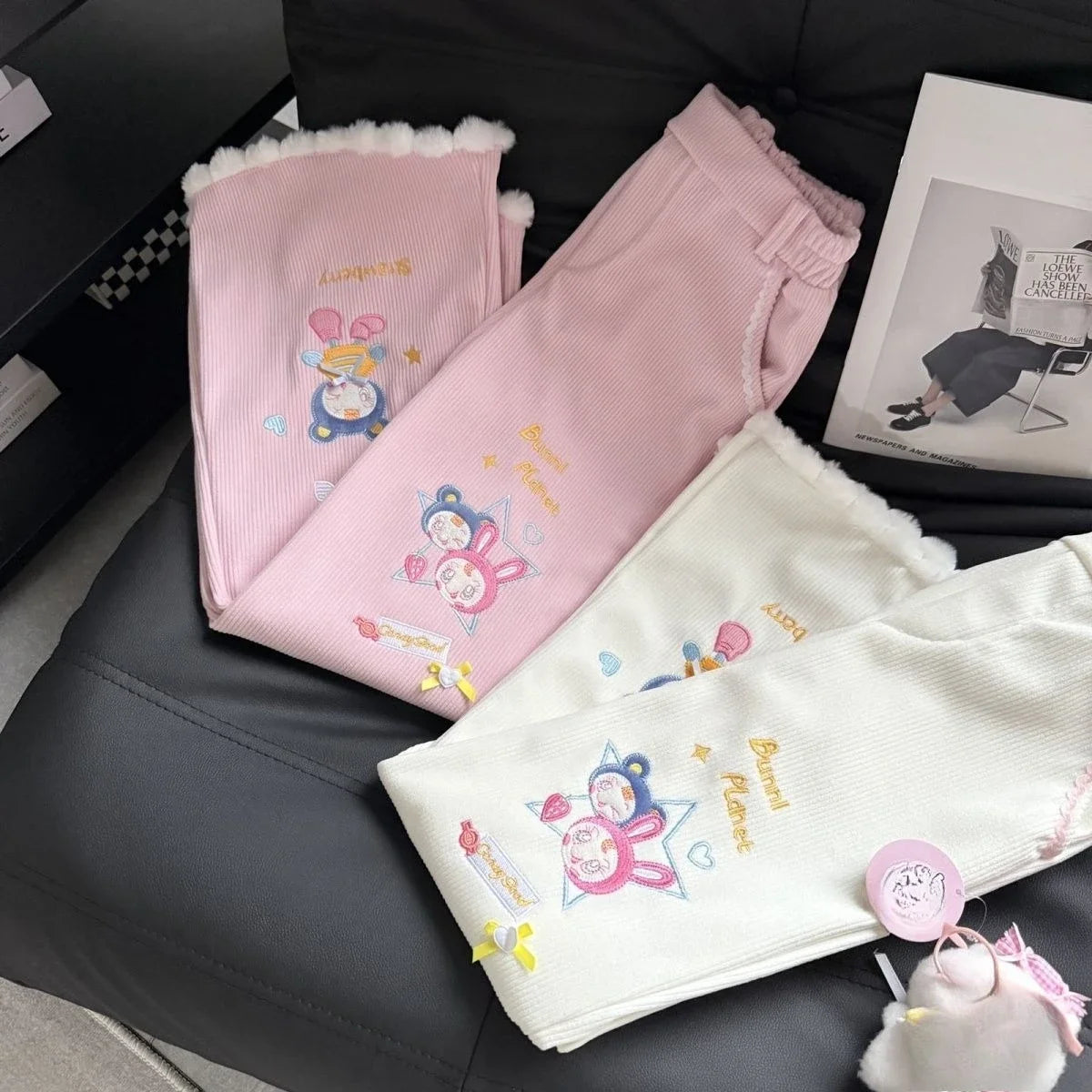 Japanese Kawaii Casual Bunny Print Pants Plush Trim Ribbed Fabric  White Harajuku Subculture Bottoms 2026 Spring Streetwear
