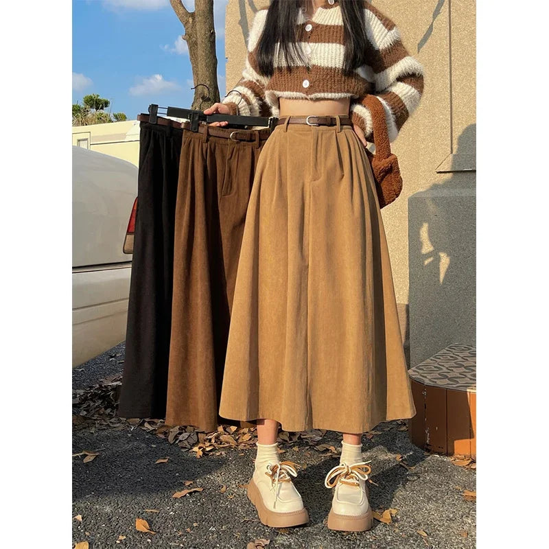 Smvp 2024 Autumn Winter New High Waist Pleated A Line Skirts Women Vintage Belt Corduroy Midi Skirt Lady Korean All Match Skirt