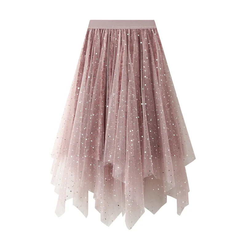 Elegant Irregular Mesh Long Skirt Temperament Ropa Mujer Fashion Summer Sweet Skirts Women Boho Streetwear Clothes Vestidos