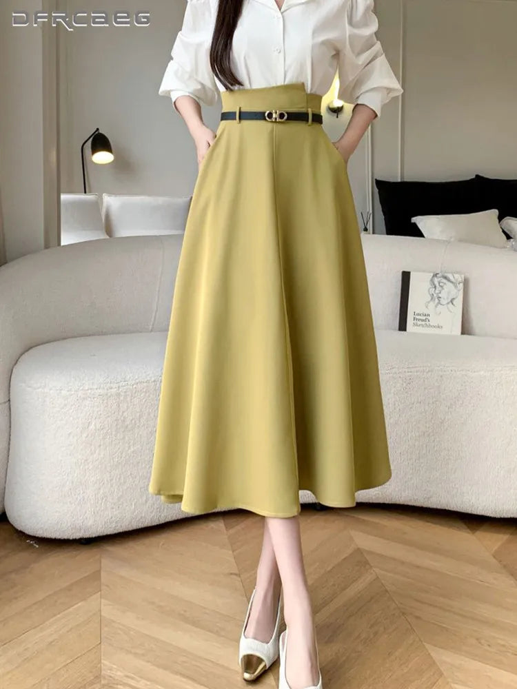 Spring Summer Woman A-Line Midi Skirt With Belt High Waist Office OL Loose Big Swing Long Skirts Lady