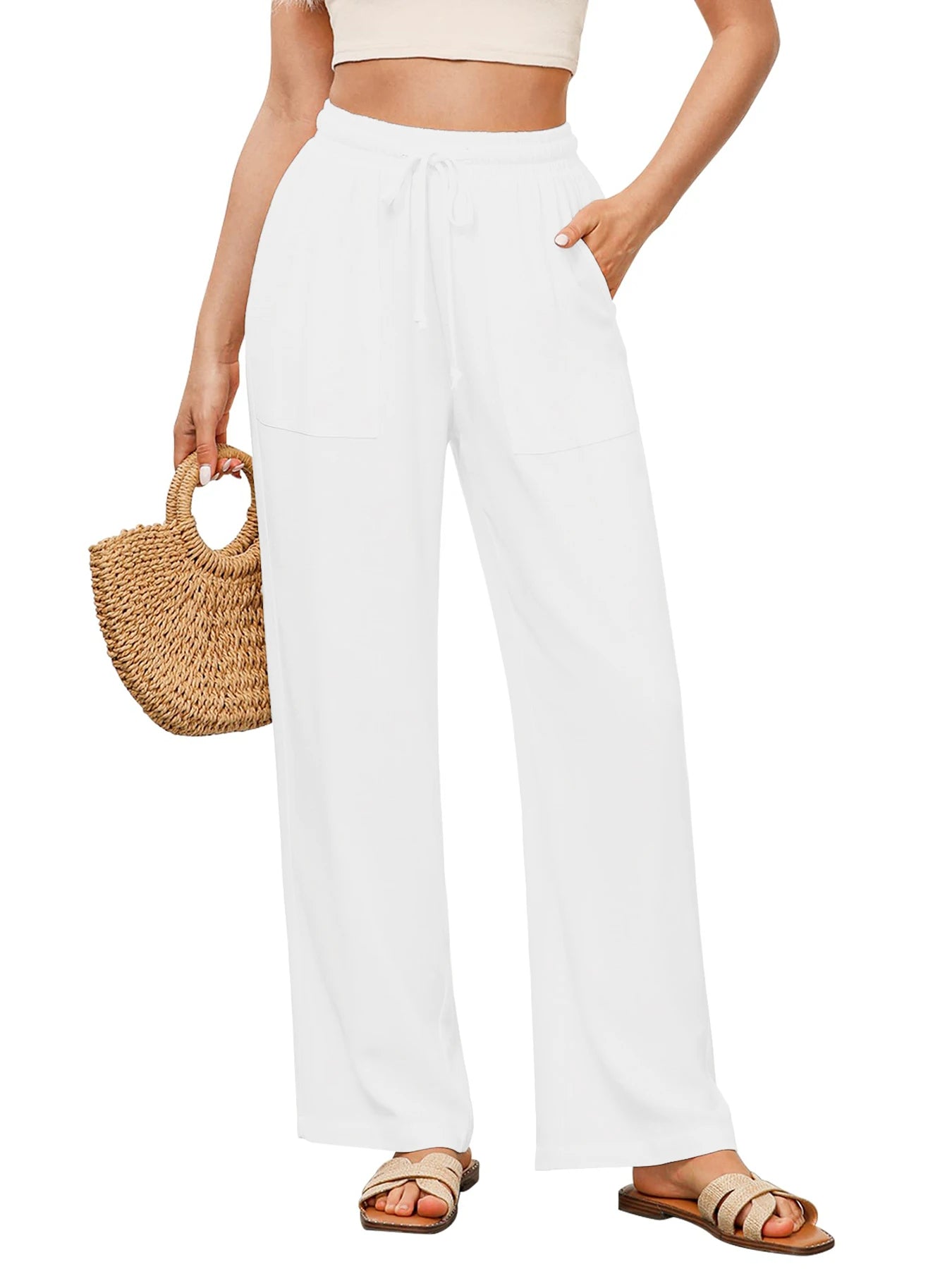 Women's Solid Color Loose Wide Leg Pants Casual Drawstring Straight Pants Pocket Casual Pants Trousers Loose High Waisted Pants