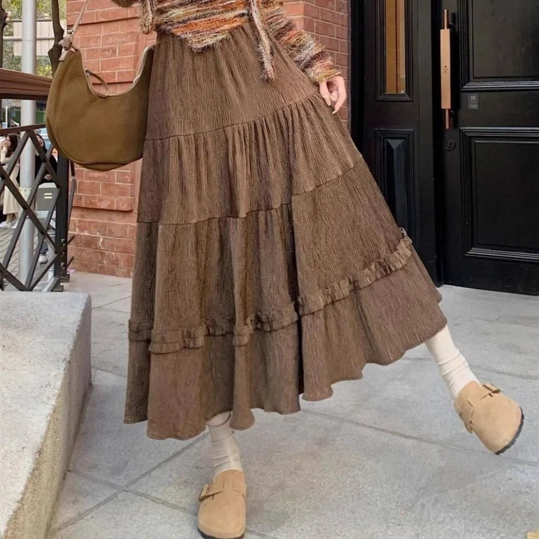 Autumn Winter Retro Corduroy Cake Mid-length Skirts Midi Skirt Elastic Waist Layered Skirts Women Solid Color Loose A-line Skirt